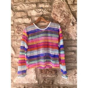 Rainbow Crochet Mesh Long Sleeve Top - L